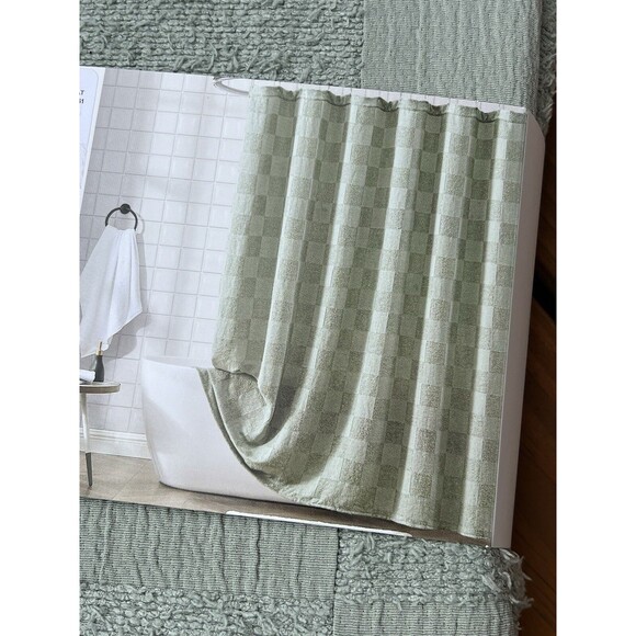 DKNY Fabric Shower Curtain Green Checkerboard Jacquard Textured New - Picture 4 of 4